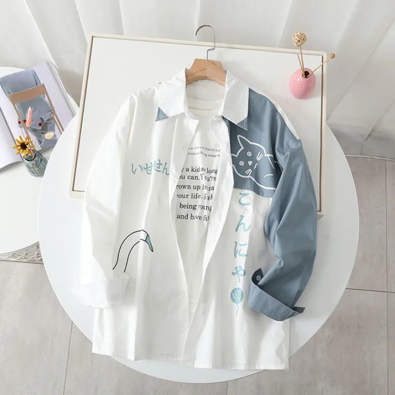 New 2025 Spring Women Hooded Shark Print Japanese Style Patchwork Harajuku Hoodie Jacket