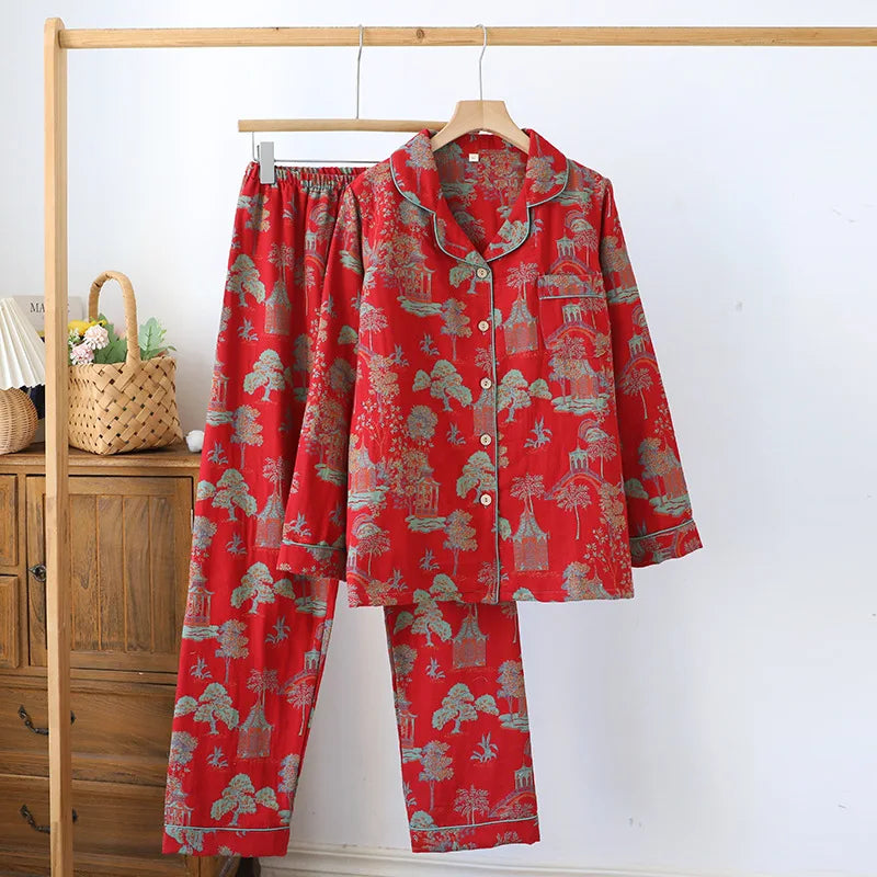 2025 Women's Cotton Pajama Set | Spring & Autumn Retro Color Long Sleeve Top & Pants | Two-Piece Homewear