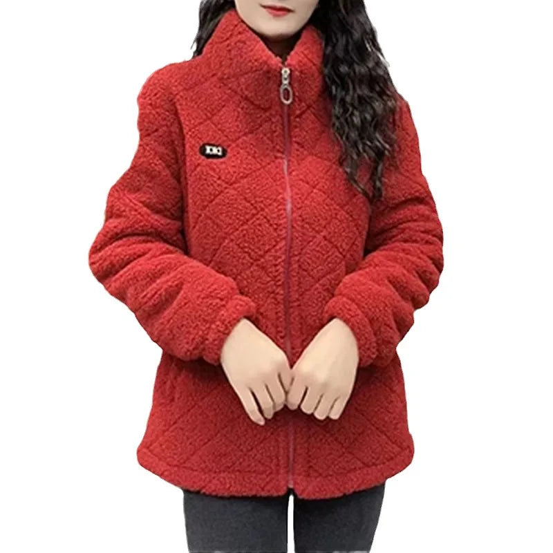 Thickened Fleece Women's Jacket Winter Warm Mid-Length Zipper A-Line Stylish Commute Coat