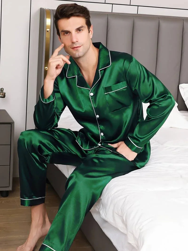 Men's Satin Pajama Set | Long Sleeve Top & Trousers | Soft Comfortable Autumn Sleepwear Loungewear