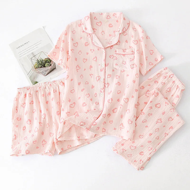 Summer Women's Pajama Set | 3-Piece 100% Gauze Cotton Sleepwear with Short Sleeve Top, Long Pants & Shorts