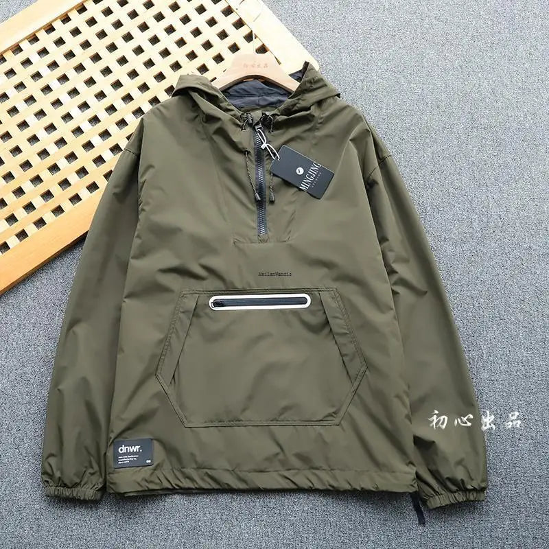 Luxury Men’s Hooded Double-Zip Jacket – Spring Autumn Black Outdoor Coat with Pockets