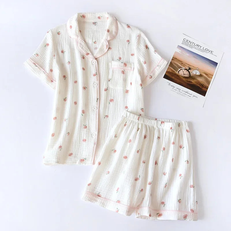 2025 Summer Women's Pajama Set | 100% Cotton Crepe Short Sleeve & Shorts | Thin Loose Two Piece Homewear for Spring & Autumn