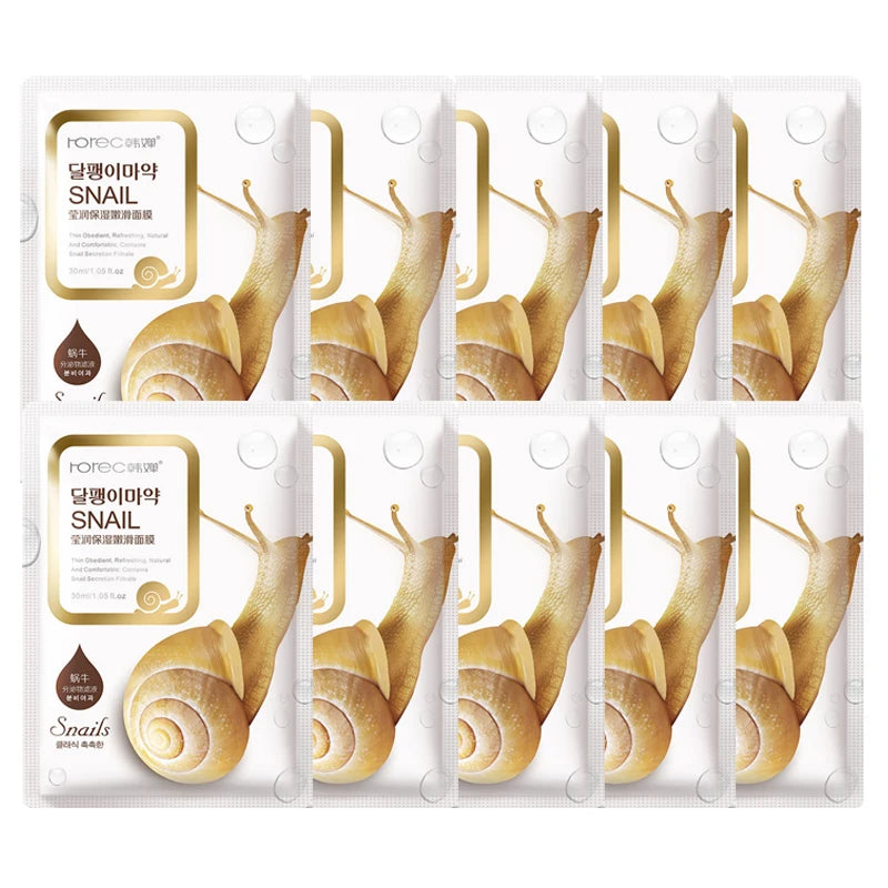 10pcs Snail Moisturizing Face Mask | Hydrating, Oil Control & Korean Skincare Sheet Masks