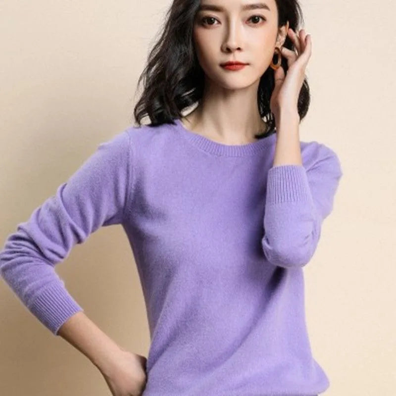 Women O-Neck Sweater Autumn Winter Basic Pullover Warm Long-Sleeve Knitwear