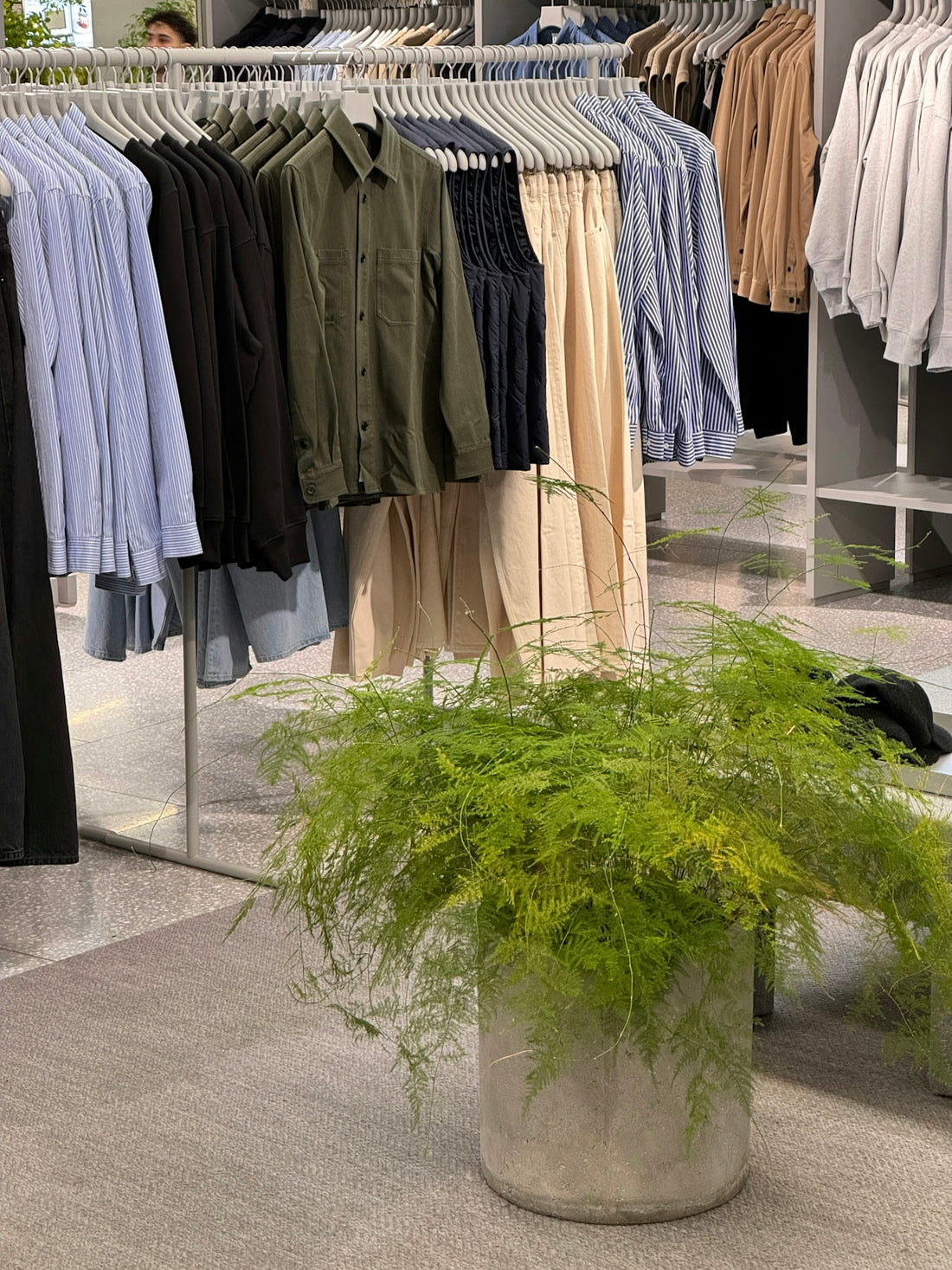 a rack of shirts and pants in a clothing store