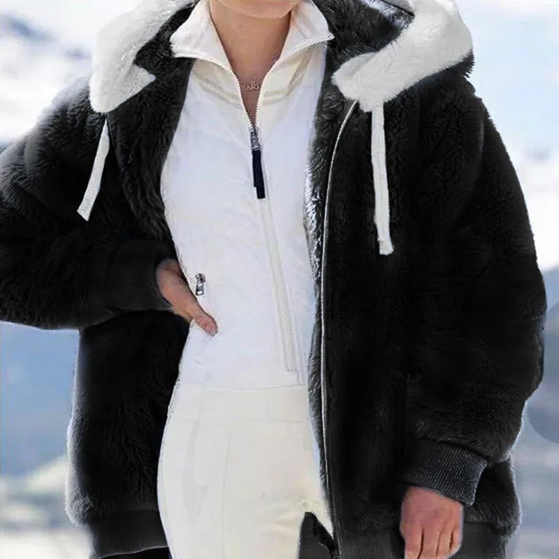 Winter Women Jackets Plush Oversize Fleece Plaid Y2K Hooded Zipper Warm Solid Color Casual Coats