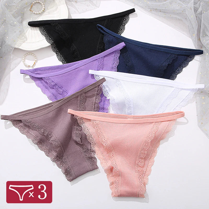 FINETOO 3PCS Set Women's Lace Cotton Panties Solid Color Soft Breathable Underwear Lingerie