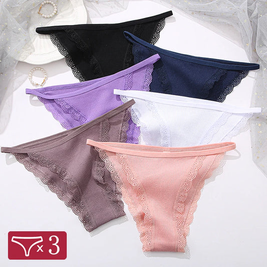 FINETOO 3PCS Set Women's Lace Cotton Panties Solid Color Soft Breathable Underwear Lingerie
