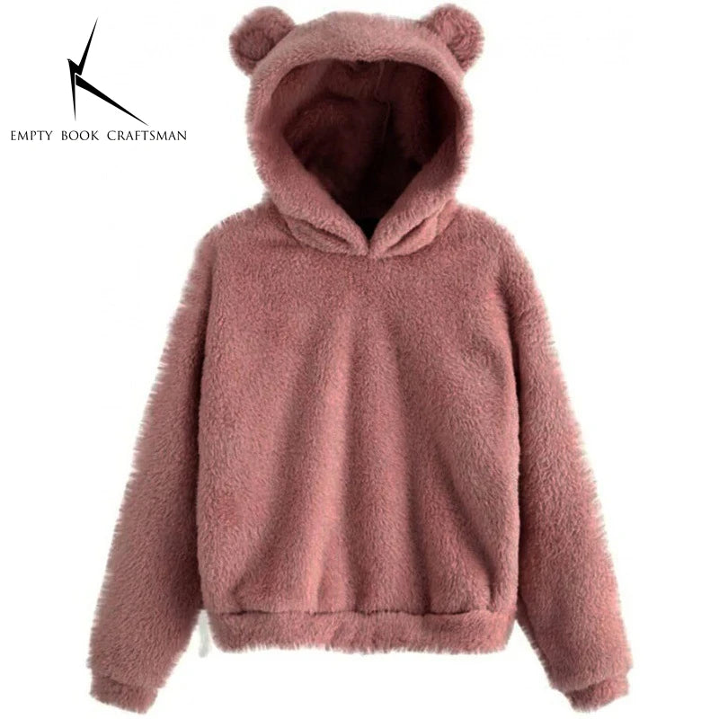 Autumn Winter Women's Long Sleeve Rabbit Ear Hood Plush Sweatshirt Cute Warm Hoodie