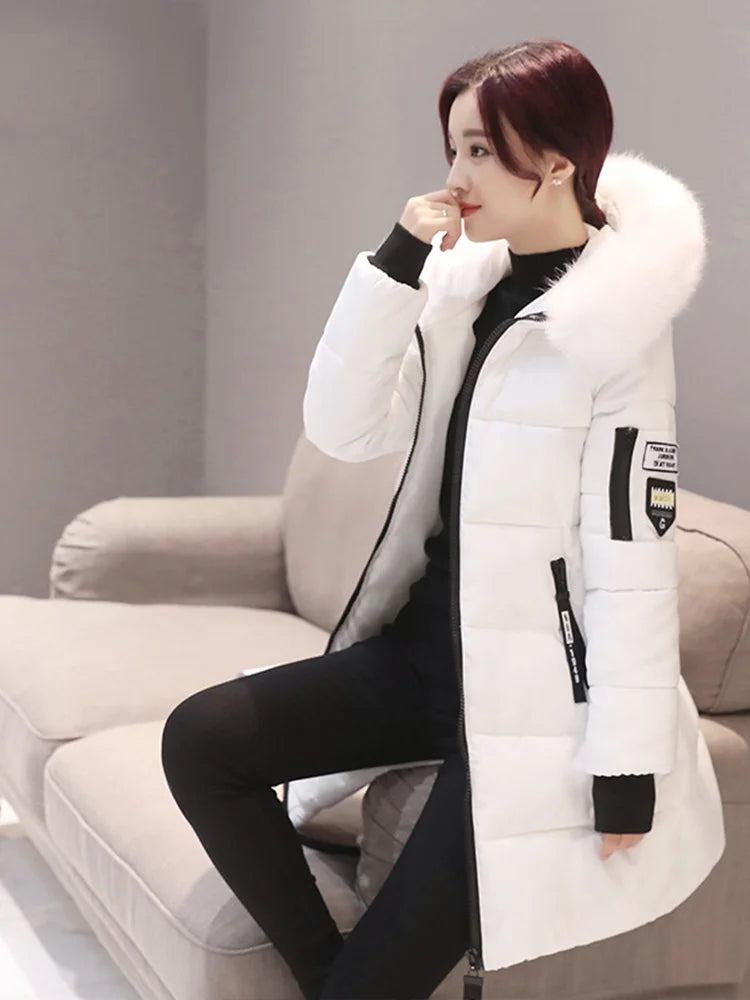Women Winter Fur Collar Hooded Parka Letter Patch Long Jacket Slim Warm Thick Coat