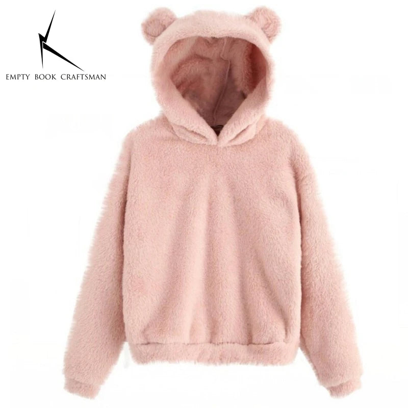 Autumn Winter Women's Long Sleeve Rabbit Ear Hood Plush Sweatshirt Cute Warm Hoodie