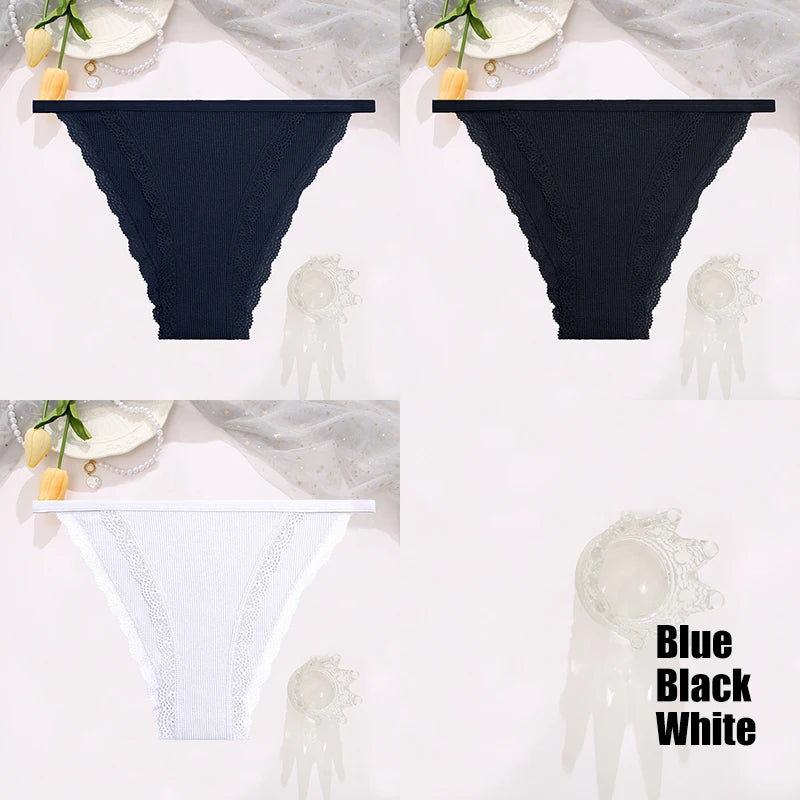 FINETOO 3PCS Set Women's Lace Cotton Panties Solid Color Soft Breathable Underwear Lingerie
