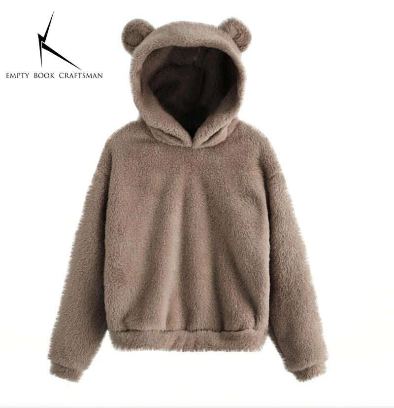 Autumn Winter Women's Long Sleeve Rabbit Ear Hood Plush Sweatshirt Cute Warm Hoodie