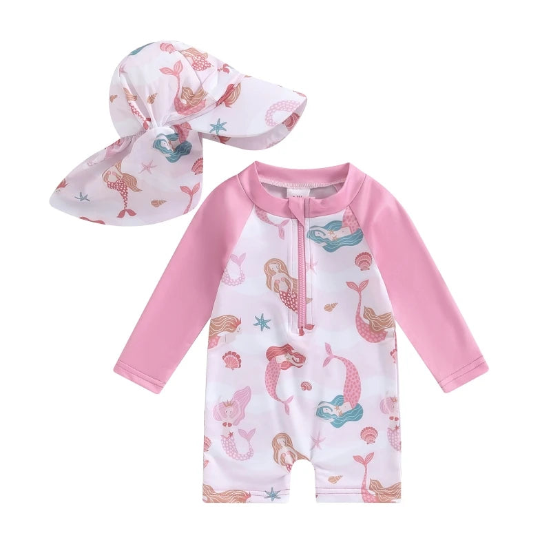 Kids Long Sleeve Swimsuit Set Floral Tropical Print Zip Up with Hat Summer Beachwear
