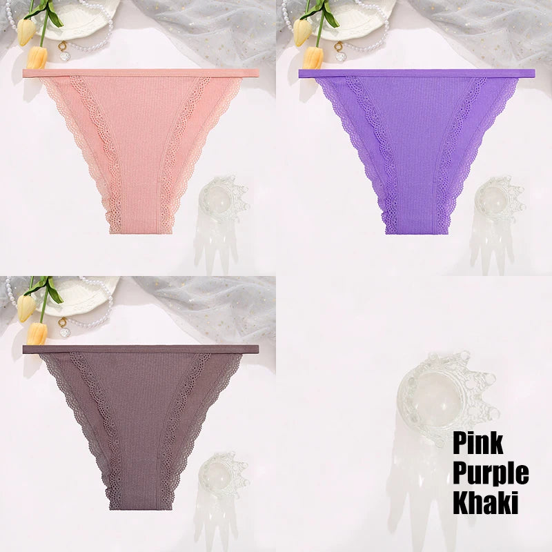 FINETOO 3PCS Set Women's Lace Cotton Panties Solid Color Soft Breathable Underwear Lingerie