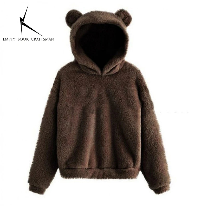 Autumn Winter Women's Long Sleeve Rabbit Ear Hood Plush Sweatshirt Cute Warm Hoodie