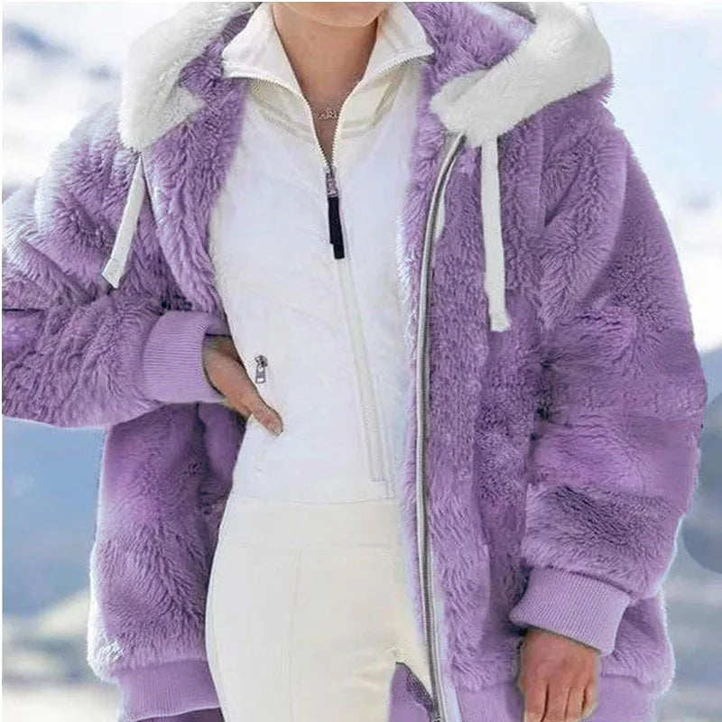 Winter Women Jackets Plush Oversize Fleece Plaid Y2K Hooded Zipper Warm Solid Color Casual Coats