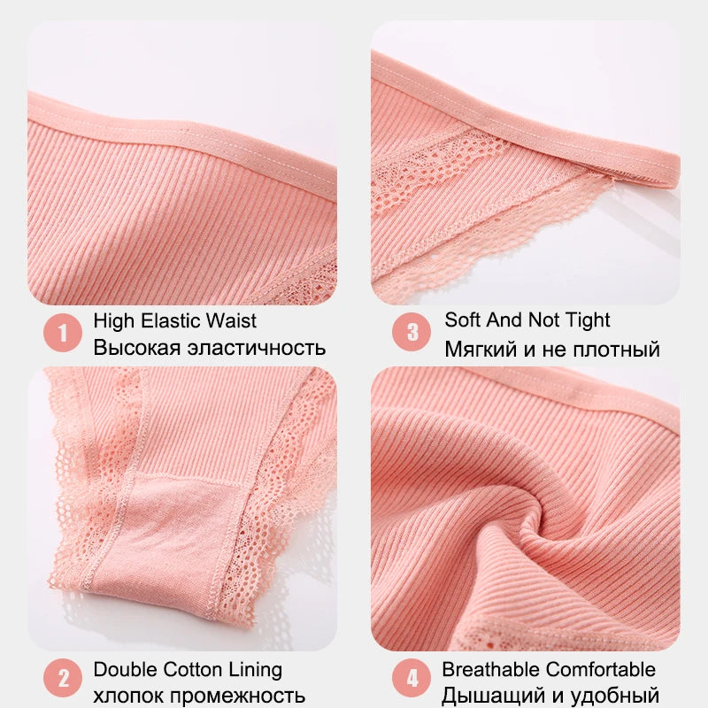 FINETOO 3PCS Set Women's Lace Cotton Panties Solid Color Soft Breathable Underwear Lingerie