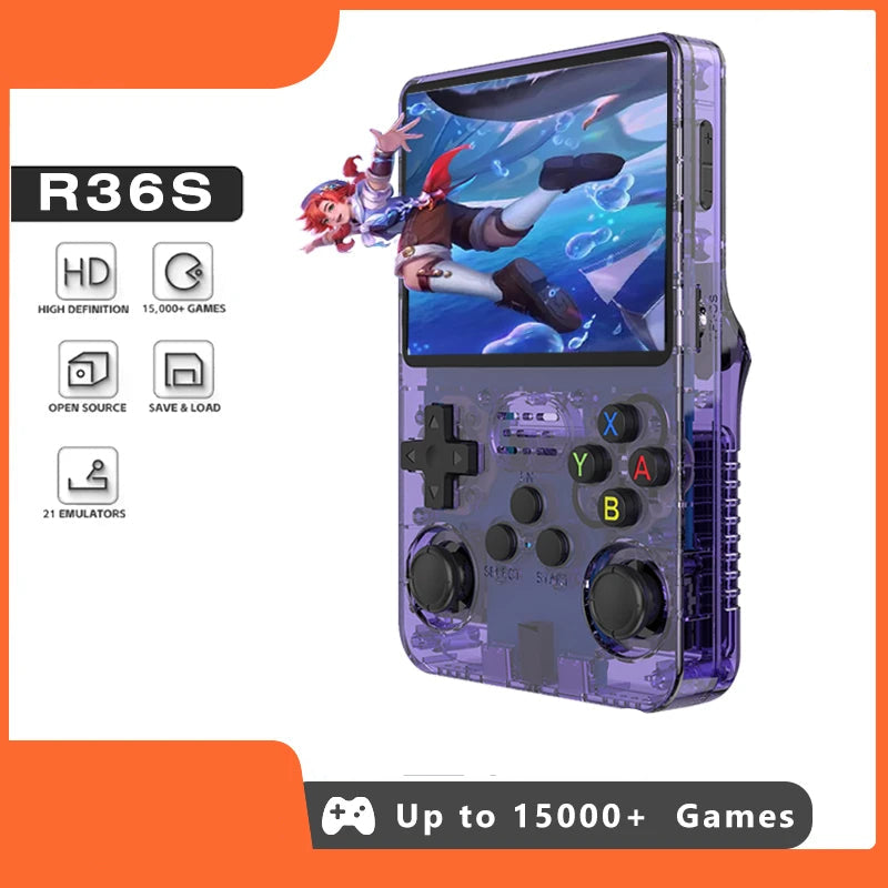 Handheld gaming console with transparent purple casing displaying a game on screen, branded as BOYHOM.