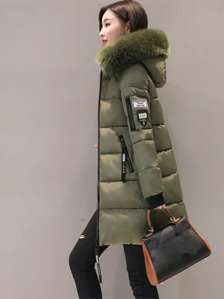 Women Winter Fur Collar Hooded Parka Letter Patch Long Jacket Slim Warm Thick Coat