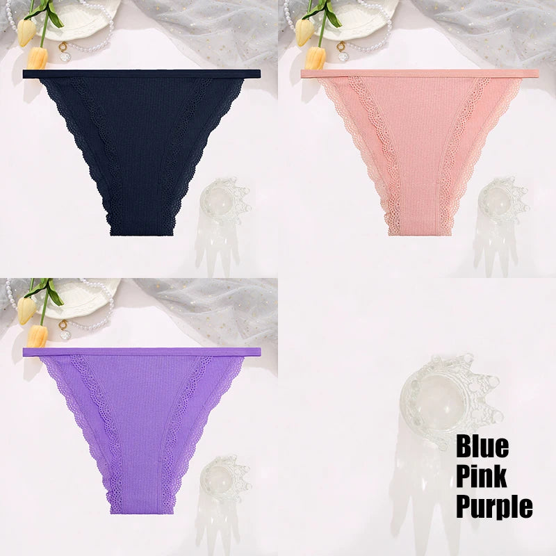 FINETOO 3PCS Set Women's Lace Cotton Panties Solid Color Soft Breathable Underwear Lingerie