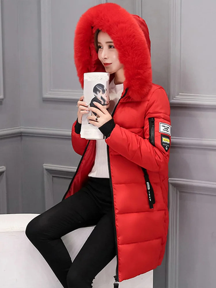Women Winter Fur Collar Hooded Parka Letter Patch Long Jacket Slim Warm Thick Coat