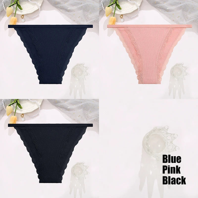 FINETOO 3PCS Set Women's Lace Cotton Panties Solid Color Soft Breathable Underwear Lingerie