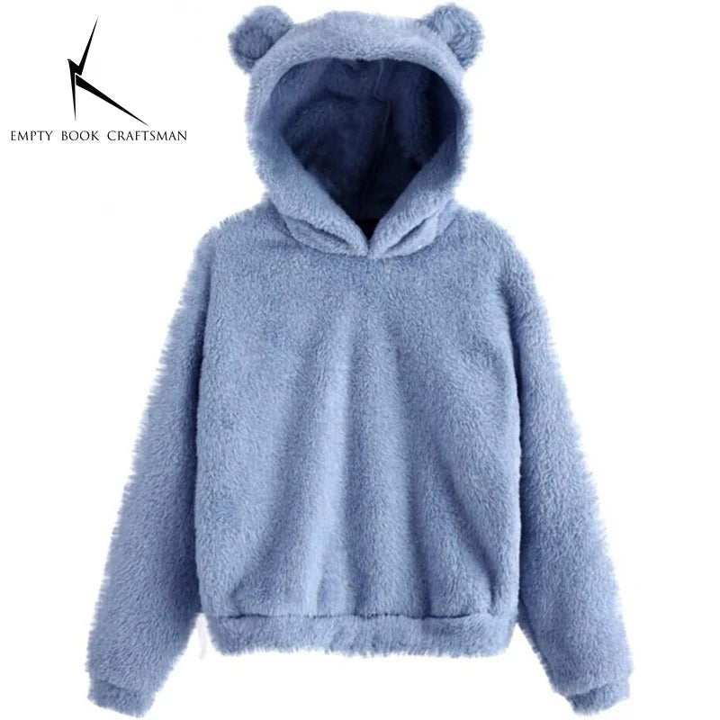 Autumn Winter Women's Long Sleeve Rabbit Ear Hood Plush Sweatshirt Cute Warm Hoodie