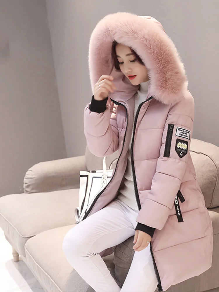 Women Winter Fur Collar Hooded Parka Letter Patch Long Jacket Slim Warm Thick Coat