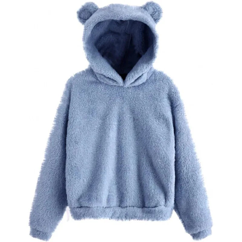 Autumn Winter Women's Long Sleeve Rabbit Ear Hood Plush Sweatshirt Cute Warm Hoodie