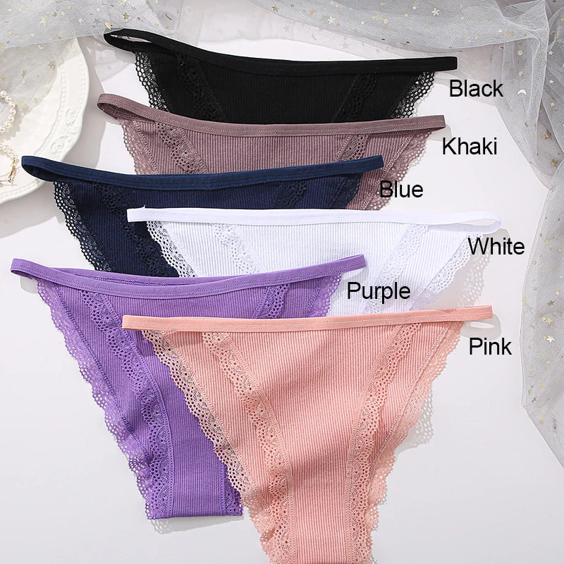 FINETOO 3PCS Set Women's Lace Cotton Panties Solid Color Soft Breathable Underwear Lingerie