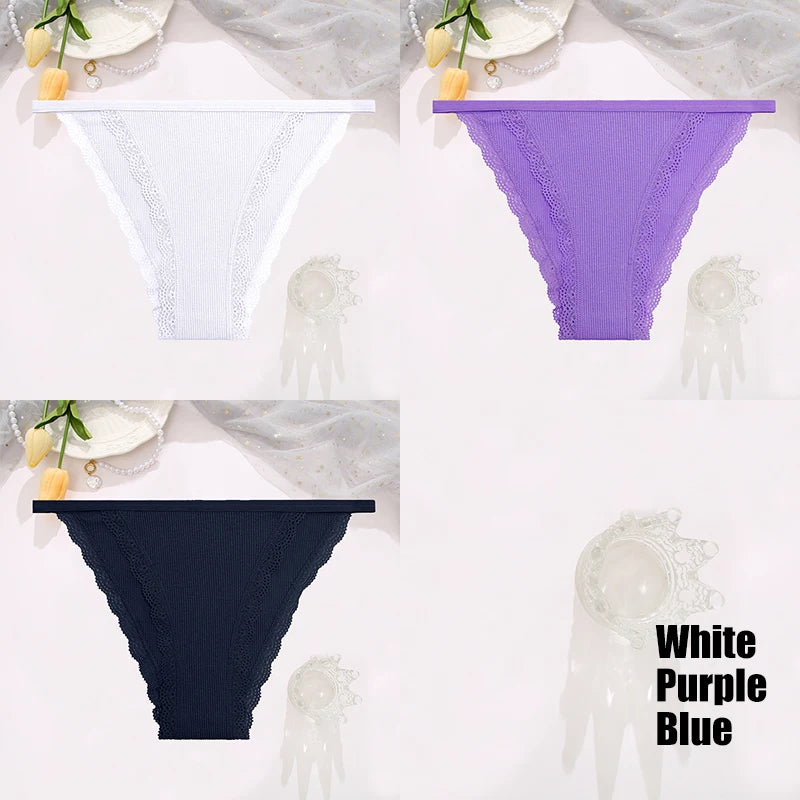 FINETOO 3PCS Set Women's Lace Cotton Panties Solid Color Soft Breathable Underwear Lingerie