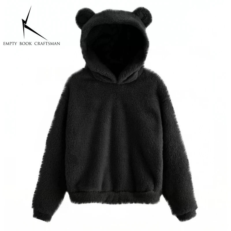Autumn Winter Women's Long Sleeve Rabbit Ear Hood Plush Sweatshirt Cute Warm Hoodie