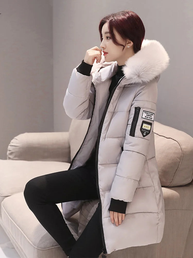 Women Winter Fur Collar Hooded Parka Letter Patch Long Jacket Slim Warm Thick Coat