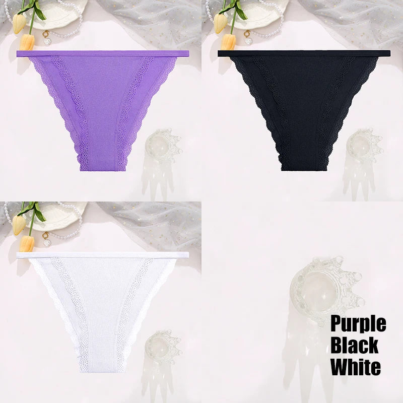 FINETOO 3PCS Set Women's Lace Cotton Panties Solid Color Soft Breathable Underwear Lingerie