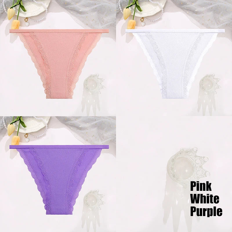 FINETOO 3PCS Set Women's Lace Cotton Panties Solid Color Soft Breathable Underwear Lingerie