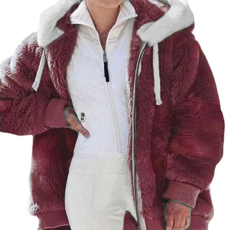 Winter Women Jackets Plush Oversize Fleece Plaid Y2K Hooded Zipper Warm Solid Color Casual Coats