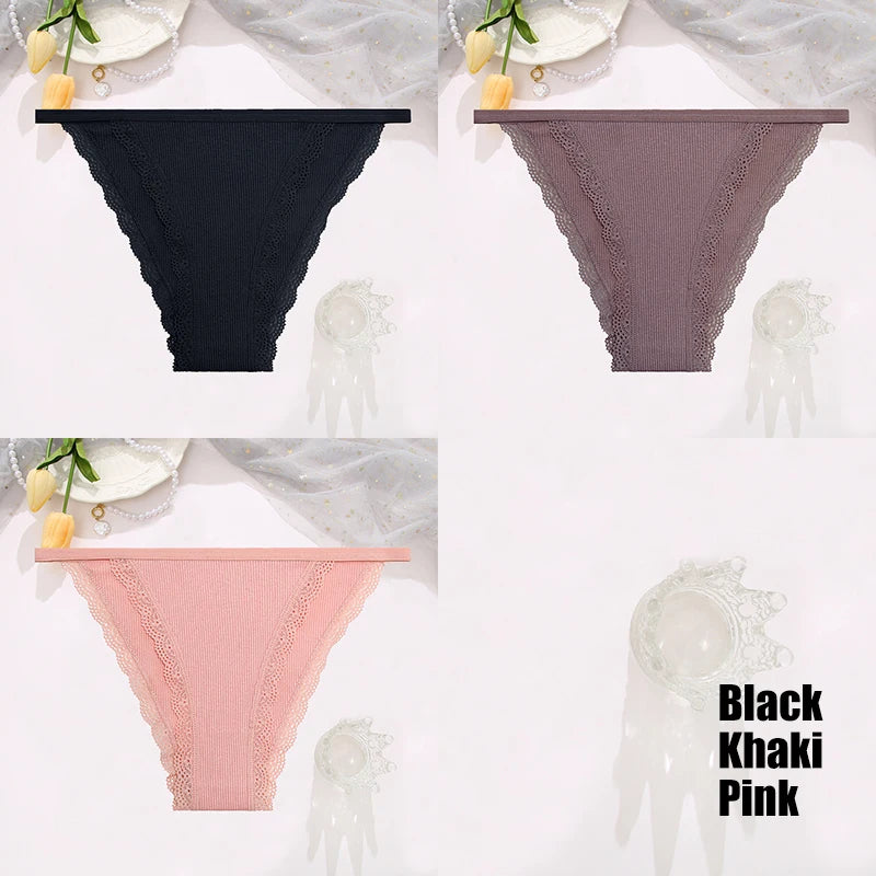FINETOO 3PCS Set Women's Lace Cotton Panties Solid Color Soft Breathable Underwear Lingerie