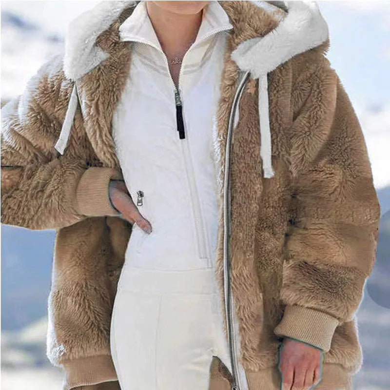 Winter Women Jackets Plush Oversize Fleece Plaid Y2K Hooded Zipper Warm Solid Color Casual Coats