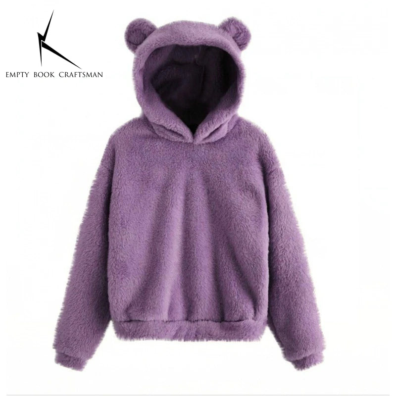 Autumn Winter Women's Long Sleeve Rabbit Ear Hood Plush Sweatshirt Cute Warm Hoodie