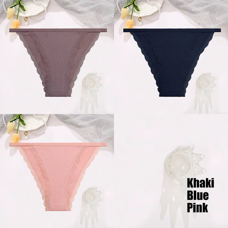 FINETOO 3PCS Set Women's Lace Cotton Panties Solid Color Soft Breathable Underwear Lingerie