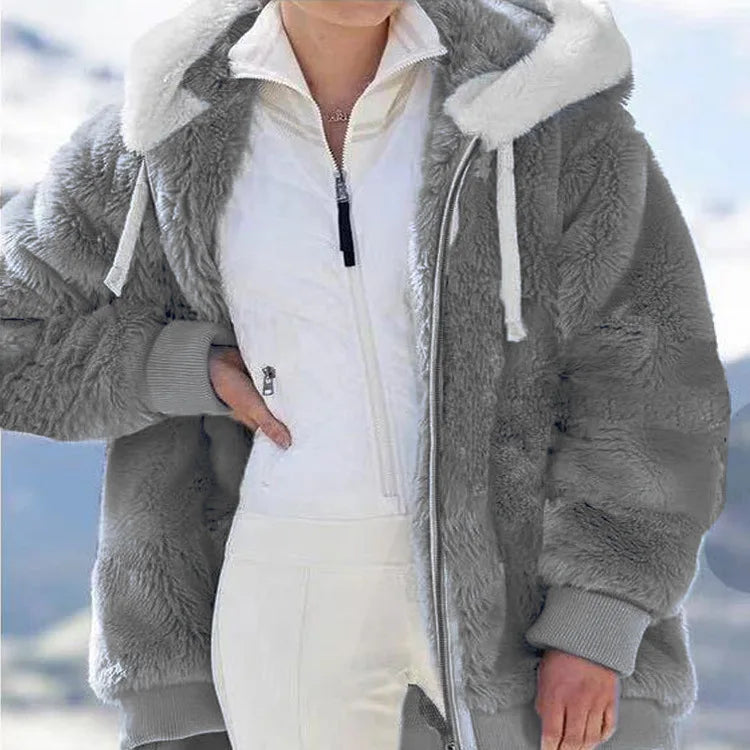 Winter Women Jackets Plush Oversize Fleece Plaid Y2K Hooded Zipper Warm Solid Color Casual Coats