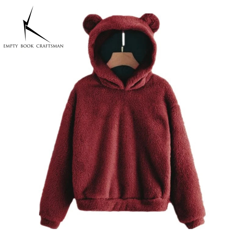 Autumn Winter Women's Long Sleeve Rabbit Ear Hood Plush Sweatshirt Cute Warm Hoodie