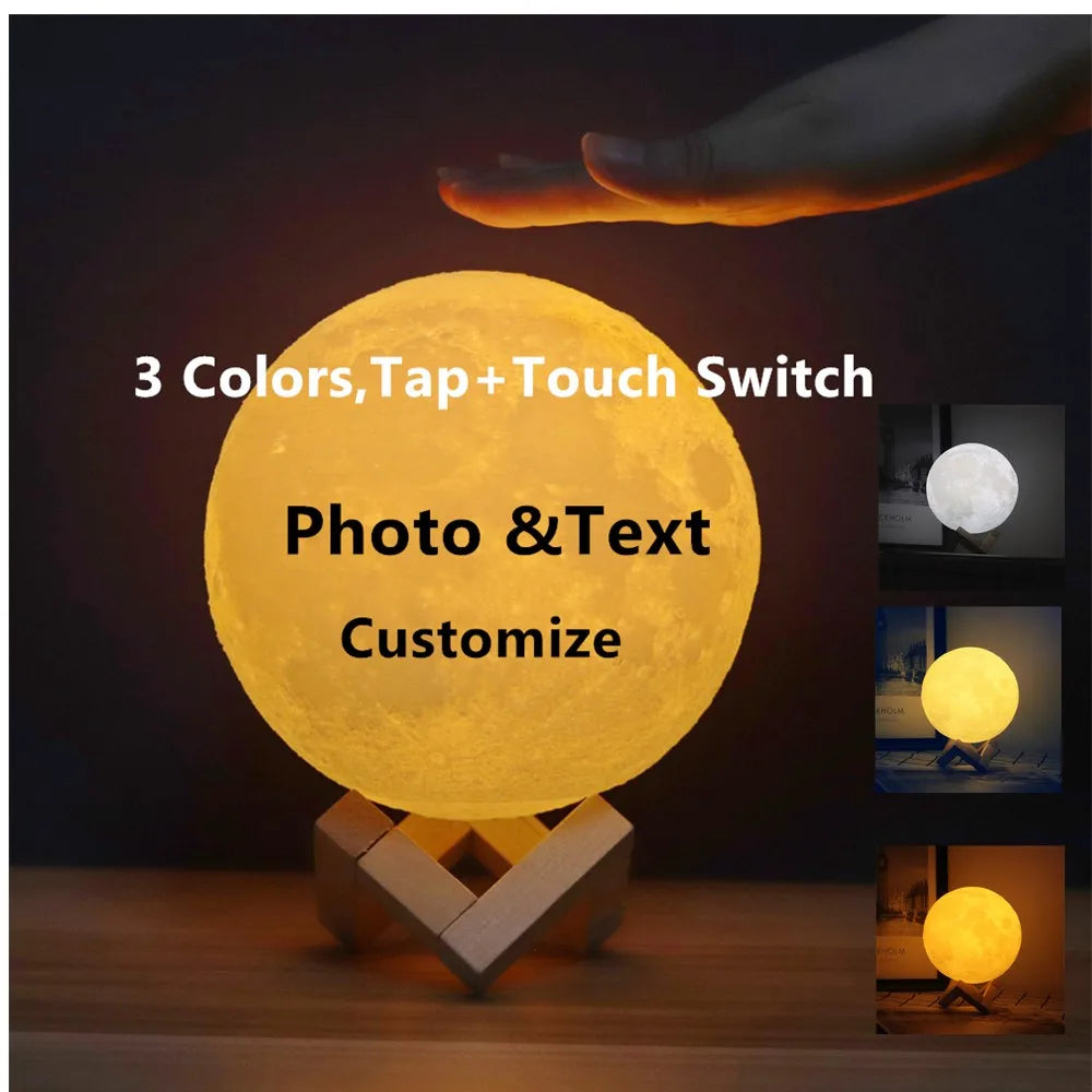 مصباح قمري ثلاثي الأبعاد مخصص - إضاءة ليلية باللمس مع صورة/نص مخصص للأطفال والعائلة وهدايا ديكور المنزل