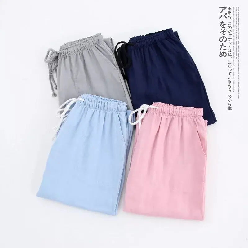 Spring Couples Cotton Gauze Sleep Pants | Women's Tie Waist Pajama Bottoms Home Pants | Comfortable Loungewear