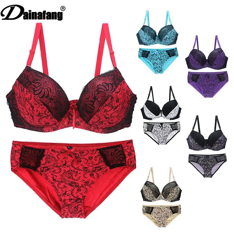 Sexy Lace Shoulder Strap Bra Set Push Up Lingerie Plus Size Underwire BCDE Cup Underwear for Women