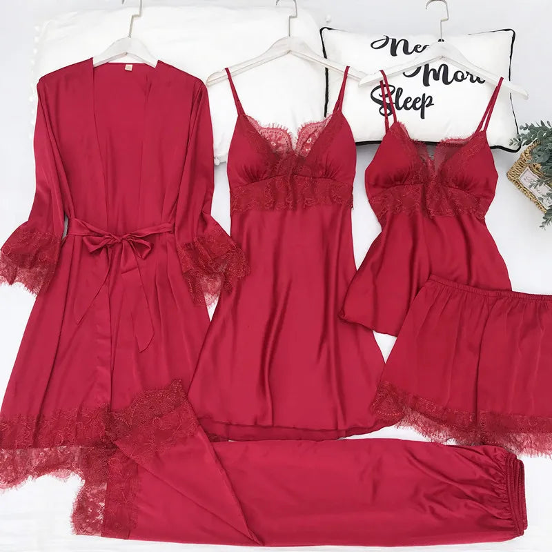Women's Satin Pajama Set | Spring Lace Strap Nightwear with Chest Pads | Comfortable Lounge Sleepwear Homewear