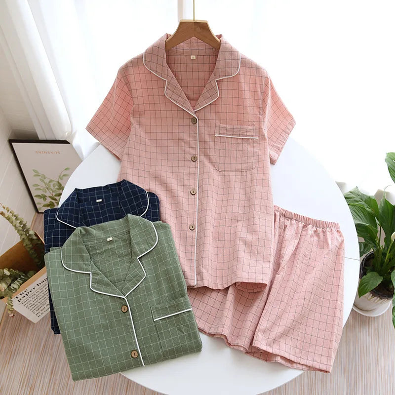 Summer Couple Pajama Set | 100% Cotton Plaid Short-Sleeve Two-Piece Sleepwear for Men and Women