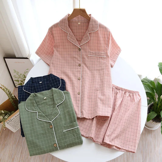 Summer Couple Pajama Set | 100% Cotton Plaid Short-Sleeve Two-Piece Sleepwear for Men and Women